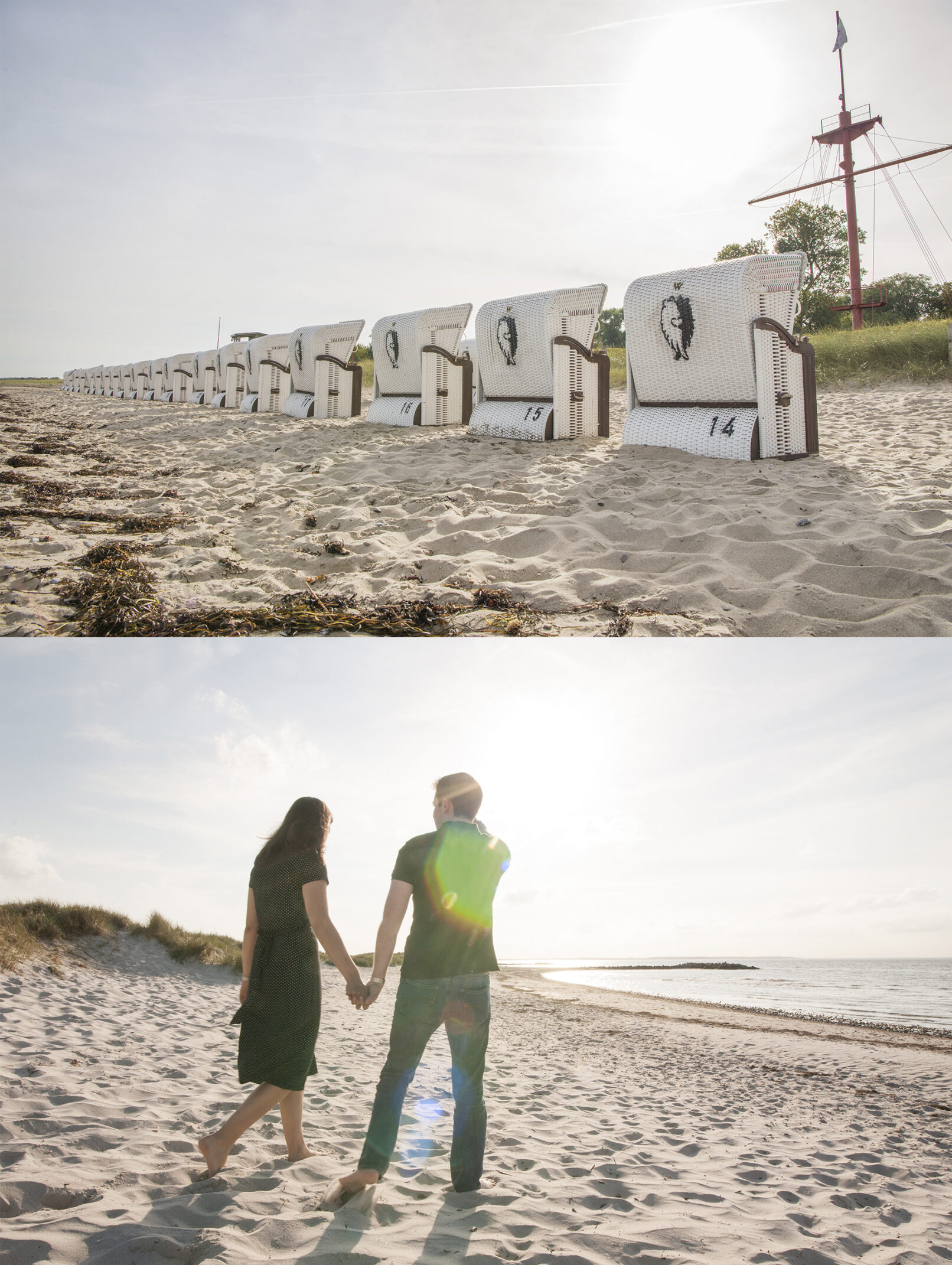 Gäste spazieren am Strand vor Strandkörben bei sanftem Abendlicht