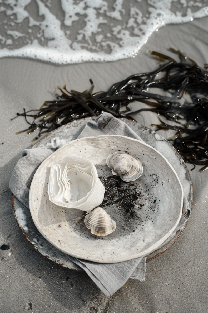 AI generated Stilllife photography with tableware, ceramics at the beach in the sand
