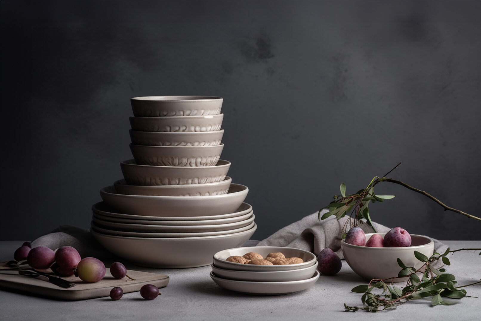 AI generated Stilllife photography with tableware, ceramics, nuts, flowers