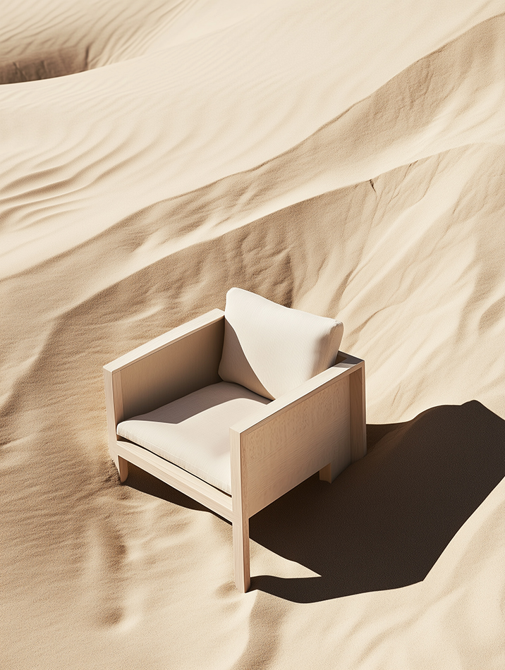 AI generated armchair placed in desert sand landscape with strong sunlight and sculptural shadows, furniture visualization by AI artist Jelena Filipinski Hamburg