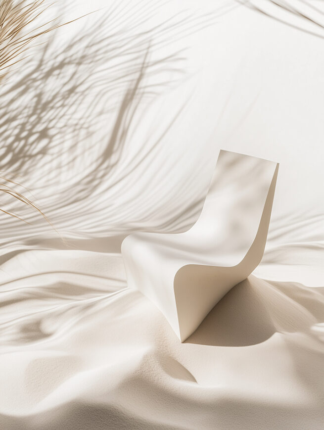 AI generated armchair placed in desert sand landscape with strong sunlight and sculptural shadows, furniture visualization by AI artist Jelena Filipinski Hamburg