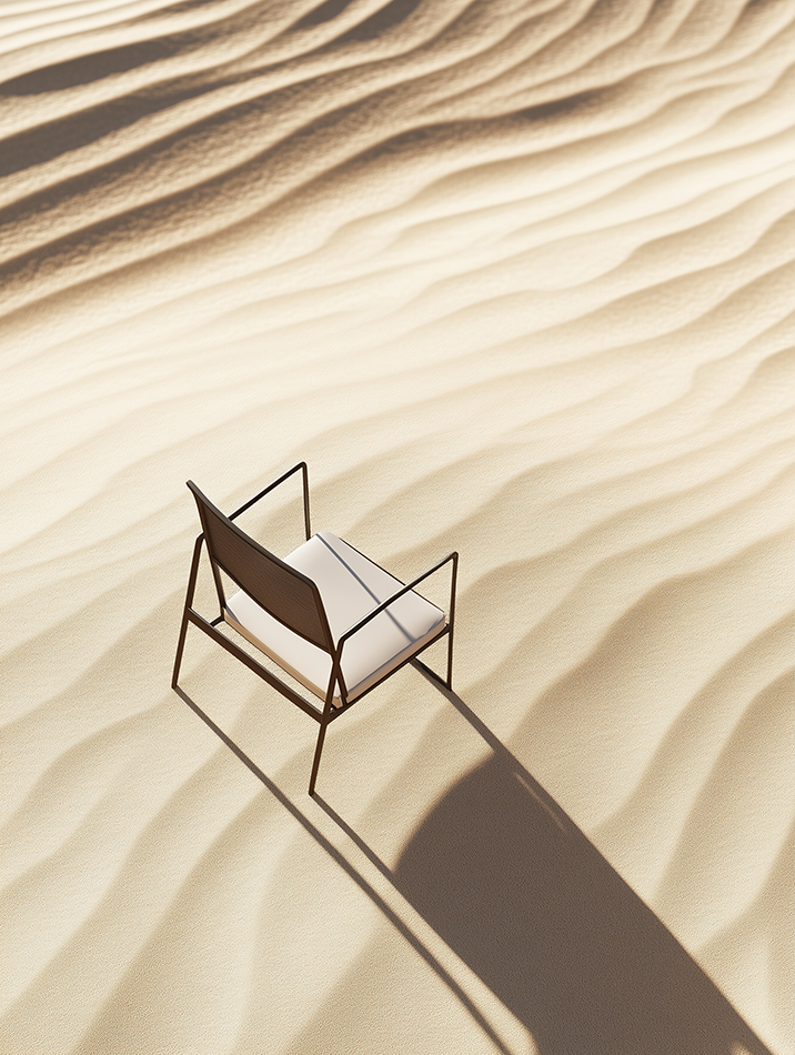 AI generated armchair placed in desert sand landscape with strong sunlight and sculptural shadows, furniture visualization by AI artist Jelena Filipinski Hamburg