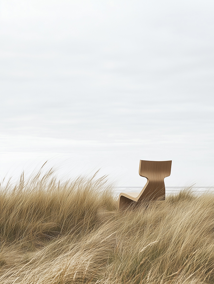 AI generated furniture design scene showing a minimalist wooden chair in a sandy landscape with warm atmospheric light, seating object staged like a sculptural product by AI artist Jelena Filipinski Hamburg