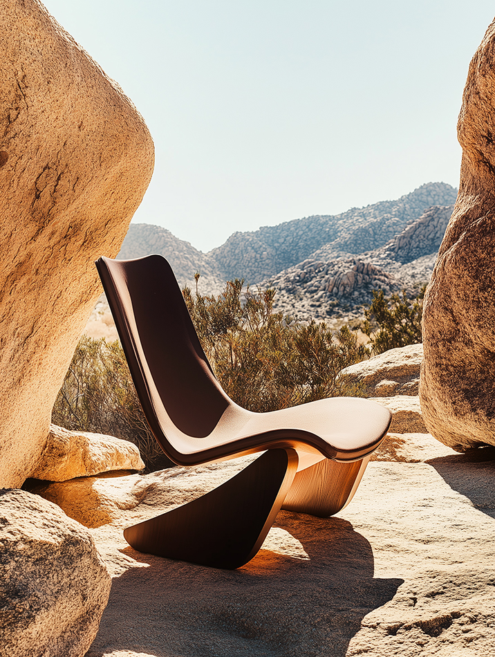 AI generated furniture design scene showing a minimalist wooden chair in a sandy landscape with warm atmospheric light, seating object staged like a sculptural product by AI artist Jelena Filipinski Hamburg