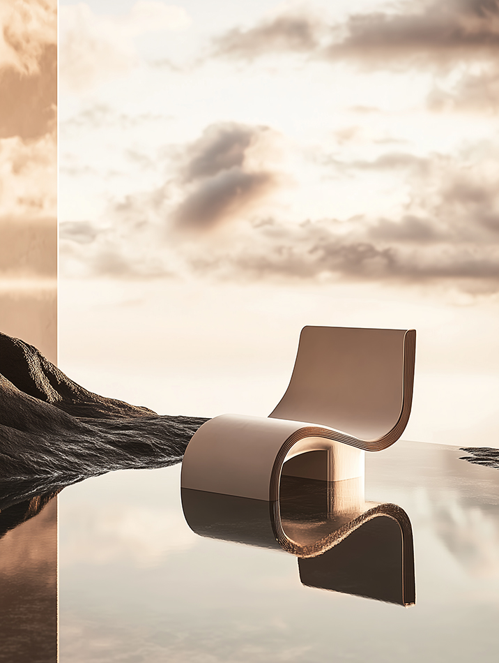 AI generated furniture design scene showing a minimalist wooden chair in a sandy landscape with warm atmospheric light, seating object staged like a sculptural product by AI artist Jelena Filipinski Hamburg