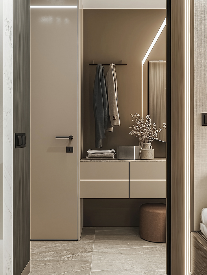 AI generated modern entryway interior with minimalist furniture, warm lighting and architectural details by AI artist Jelena Filipinski Hamburg