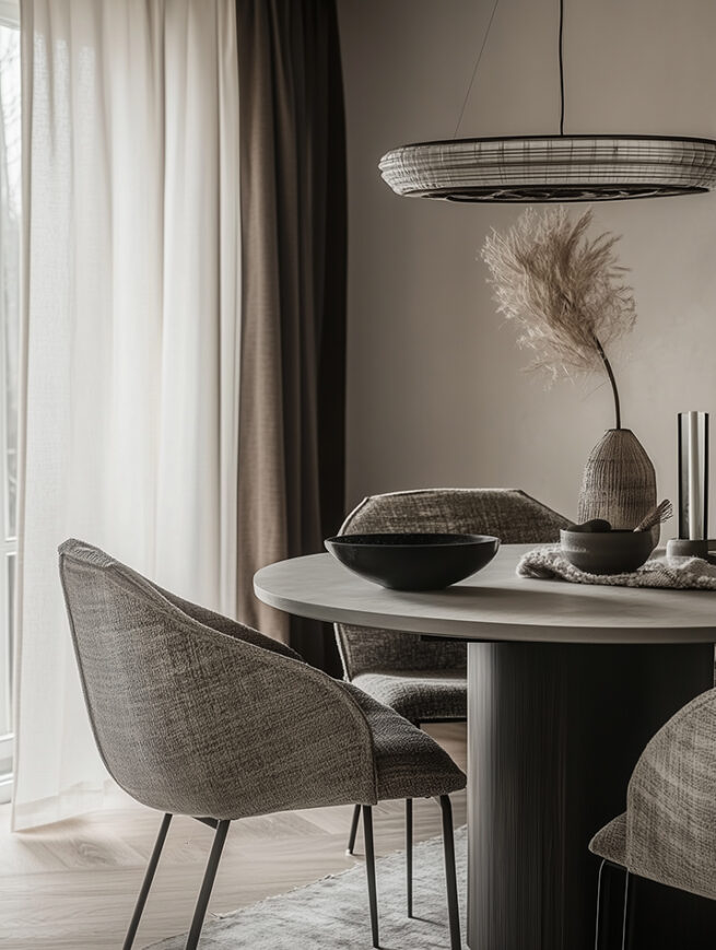 AI generated modern dining interior with sculptural furniture and soft natural light by AI artist Jelena Filipinski Hamburg