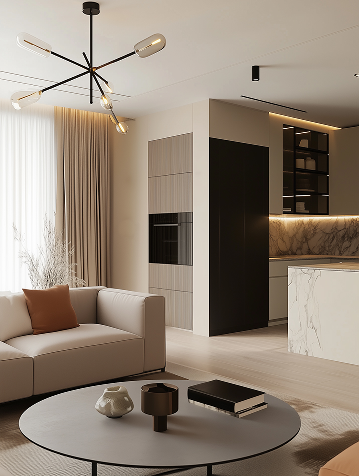 AI generated modern living and kitchen interior with contemporary furniture and architectural lighting by AI artist Jelena Filipinski Hamburg