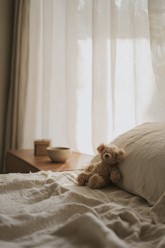Gemütliche Bettszene mit Kissen, Keramik und Teddy im warmen Tageslicht vor Vorhängen