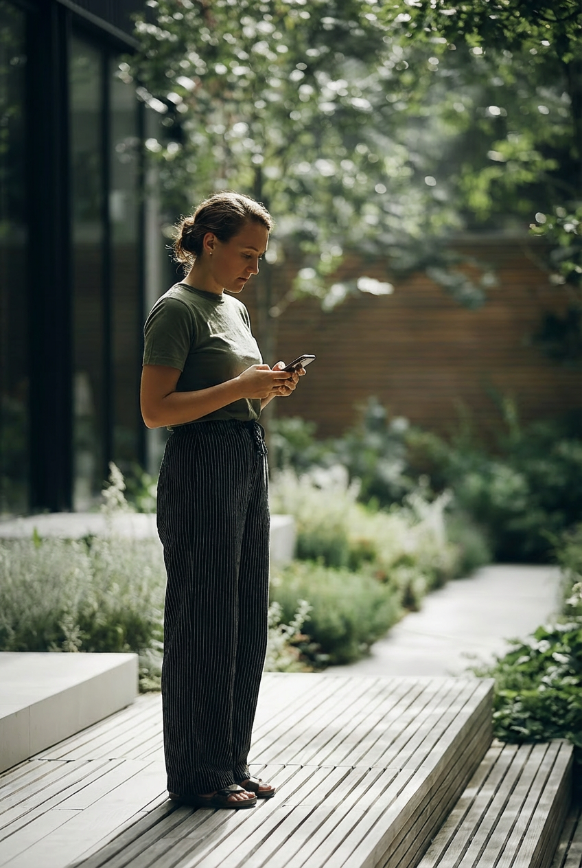 AI gestützte Outdoor Szene mit Frau auf Bank im Garten im natürlichen Tageslicht umgeben von Pflanzen