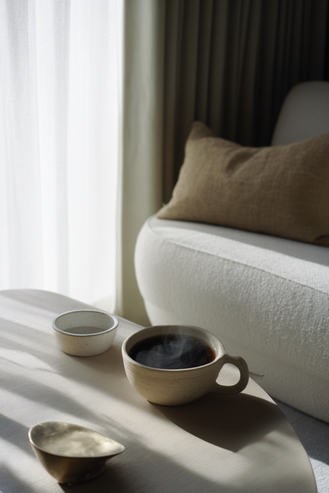 Minimalistisches Interior Detail mit Keramiktassen auf Tisch im warmen Sonnenlicht neben Sofa und Vorhang