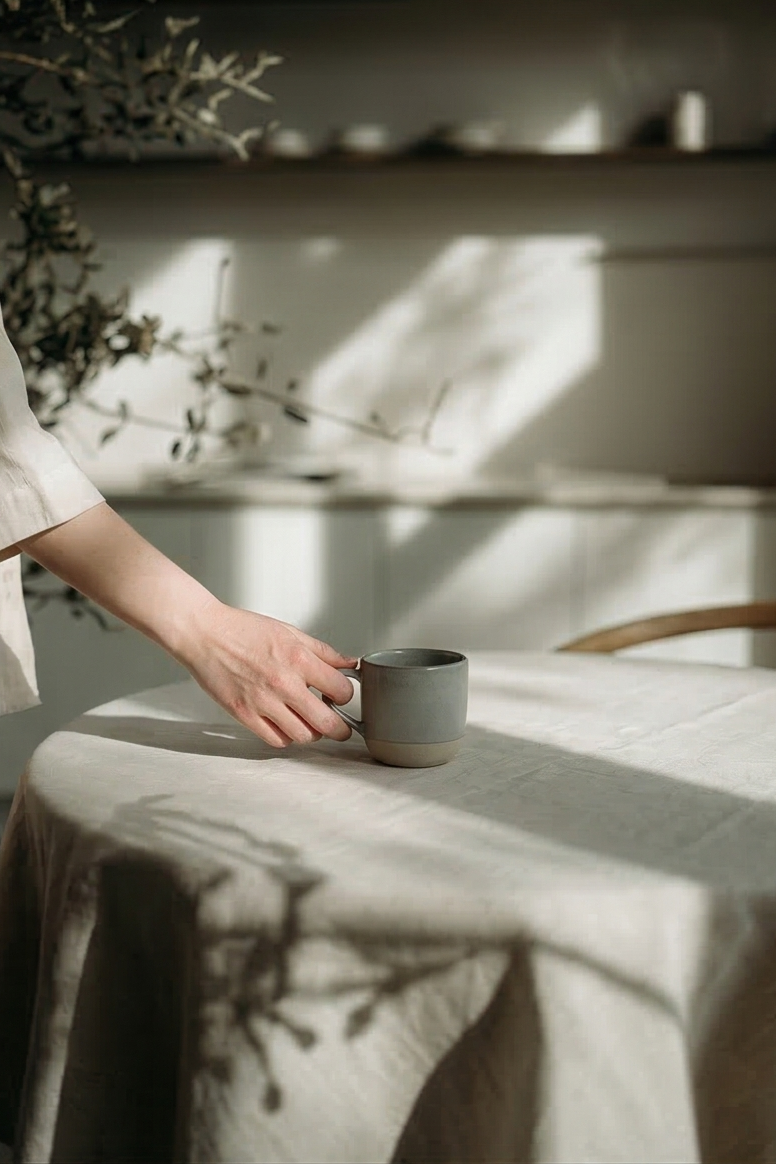 AI gestützte Detailaufnahme einer Hand mit Keramiktasse im natürlichen Tageslicht auf Stoffoberfläche