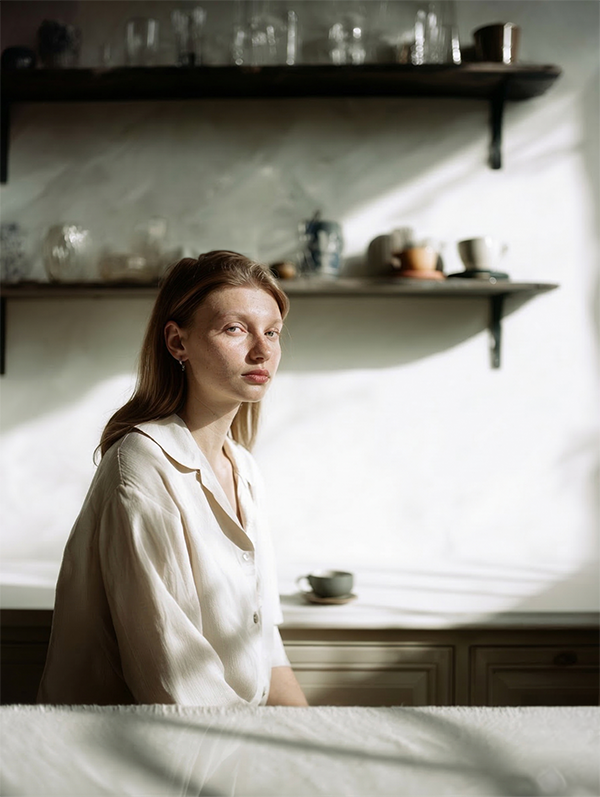 AI gestütztes Portrait einer Frau in ruhiger Interior Szene im natürlichen Tageslicht