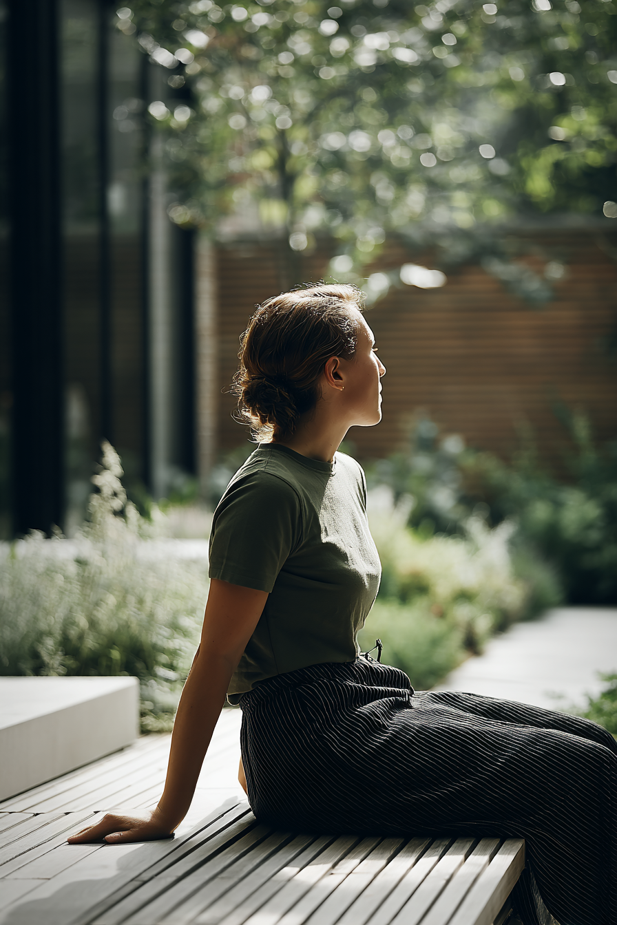 AI gestützte Outdoor Szene mit Frau auf Bank im Garten im natürlichen Tageslicht umgeben von Pflanzen