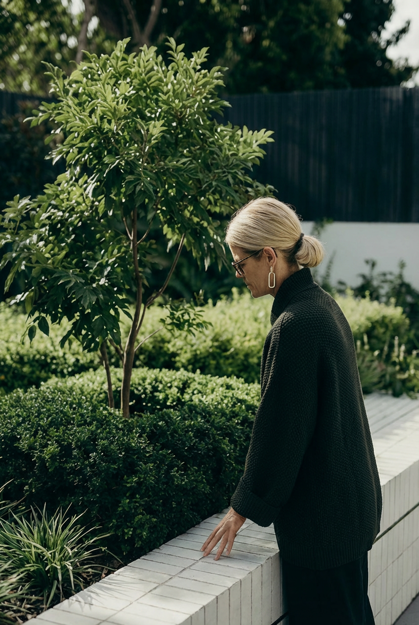 AI gestützte Outdoor Szene mit Frau auf Bank im Garten im natürlichen Tageslicht umgeben von Pflanzen