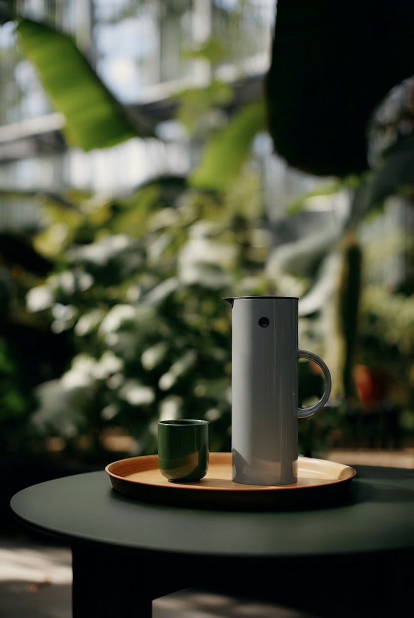 AI gestützte Outdoor Szene mit Kaffeekanne und Tassen auf Tisch im Garten im natürlichen Tageslicht