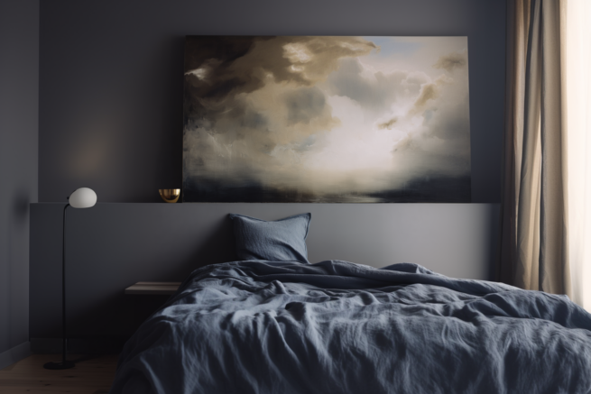 AI gestützte Schlafzimmer Szene mit Bett, Leinen und großformatigem Kunstwerk im weichen Tageslicht