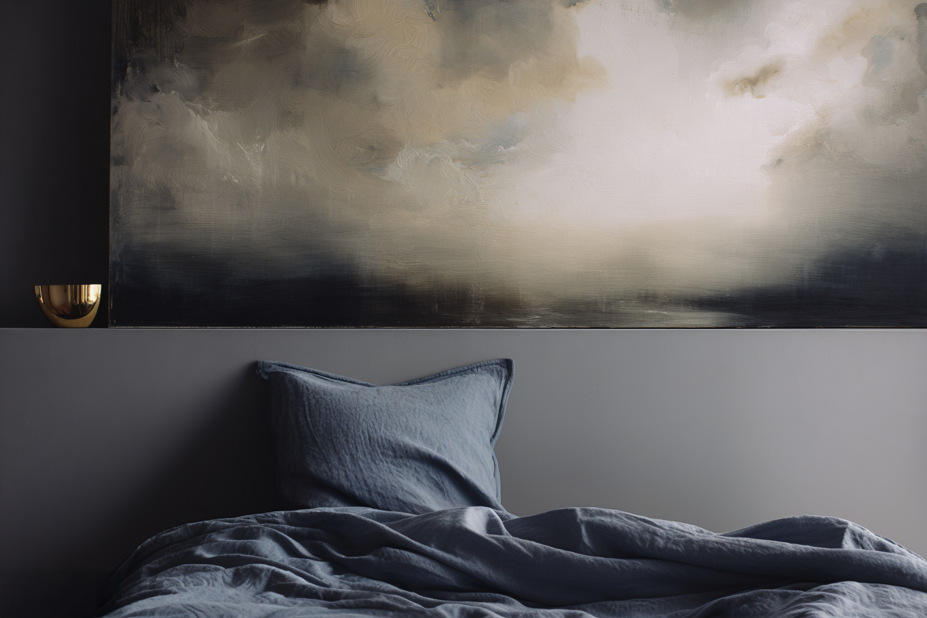 AI gestützte Schlafzimmer Szene mit Bett, Leinen und großformatigem Kunstwerk im weichen Tageslicht
