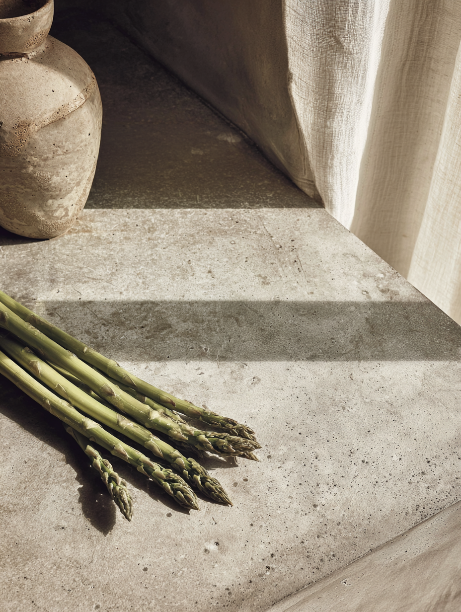 AI gestütztes Stillleben mit Spargel, Keramik und Steinoberfläche im warmen Tageslicht