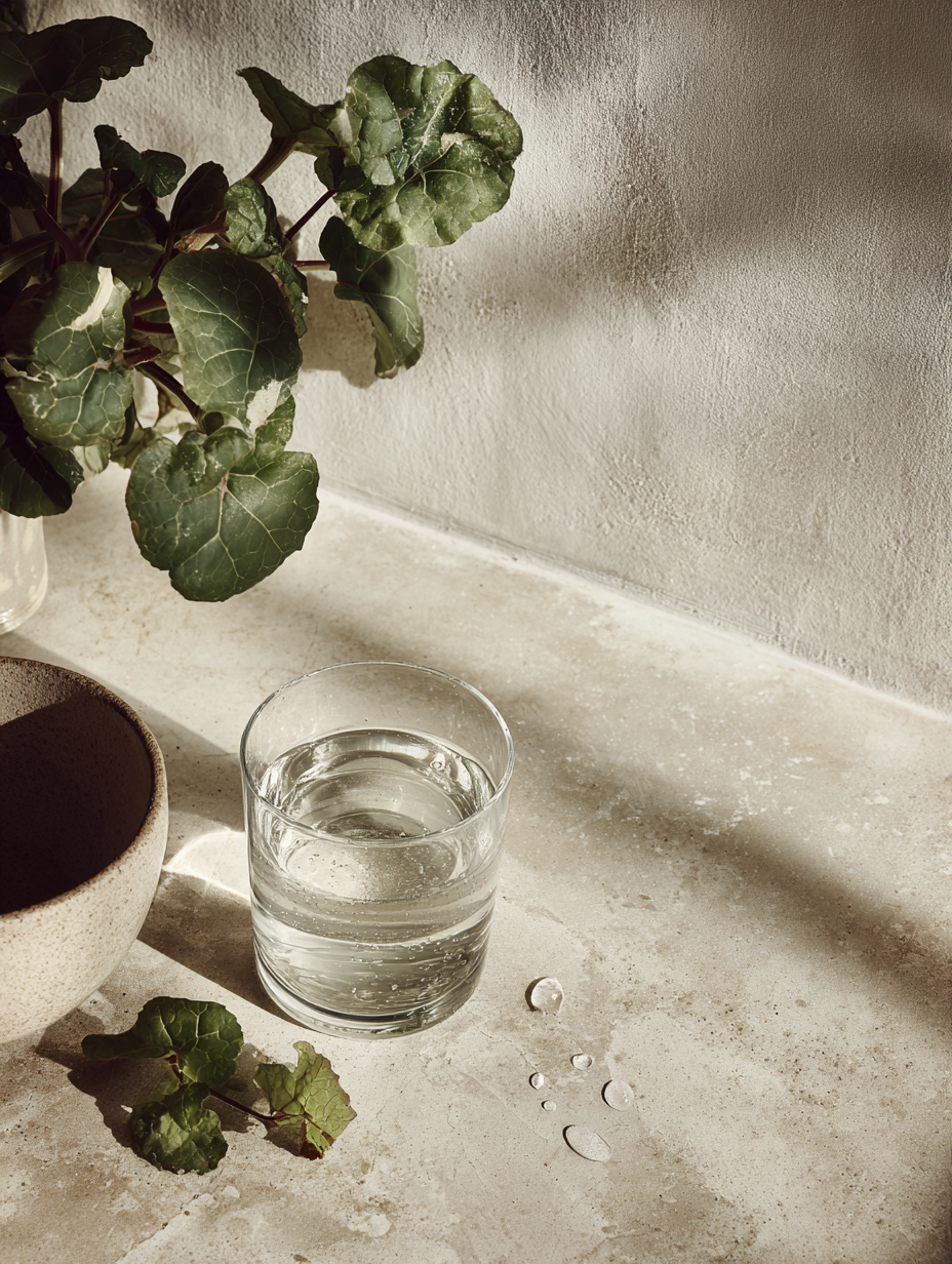 AI gestütztes Interior Detail mit Glas, Wasser und Pflanze im natürlichen Tageslicht auf Steinoberfläche
