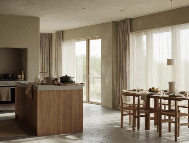 Minimalistische Küche mit Kochinsel und Essbereich aus Holz im warmen Tageslicht vor großen Fenstern