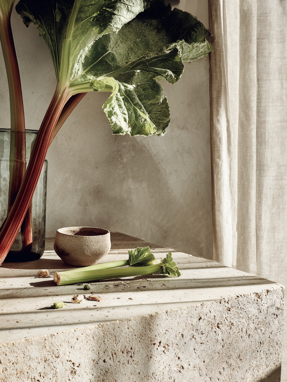 AI generiertes Stillleben mit Rhabarber, Keramik und Steinoberfläche im warmen Tageslicht vor Vorhängen