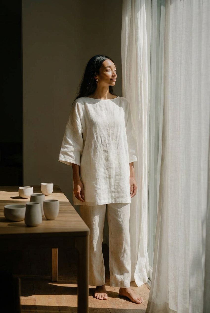 AI Interior Setting und People Bild mit warmem Licht, Stoffstrukturen und ruhiger Atmosphäre