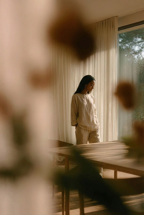 Interior Editorial mit Keramikobjekten und Frau im warmen Tageslicht in ruhiger Wohnszene