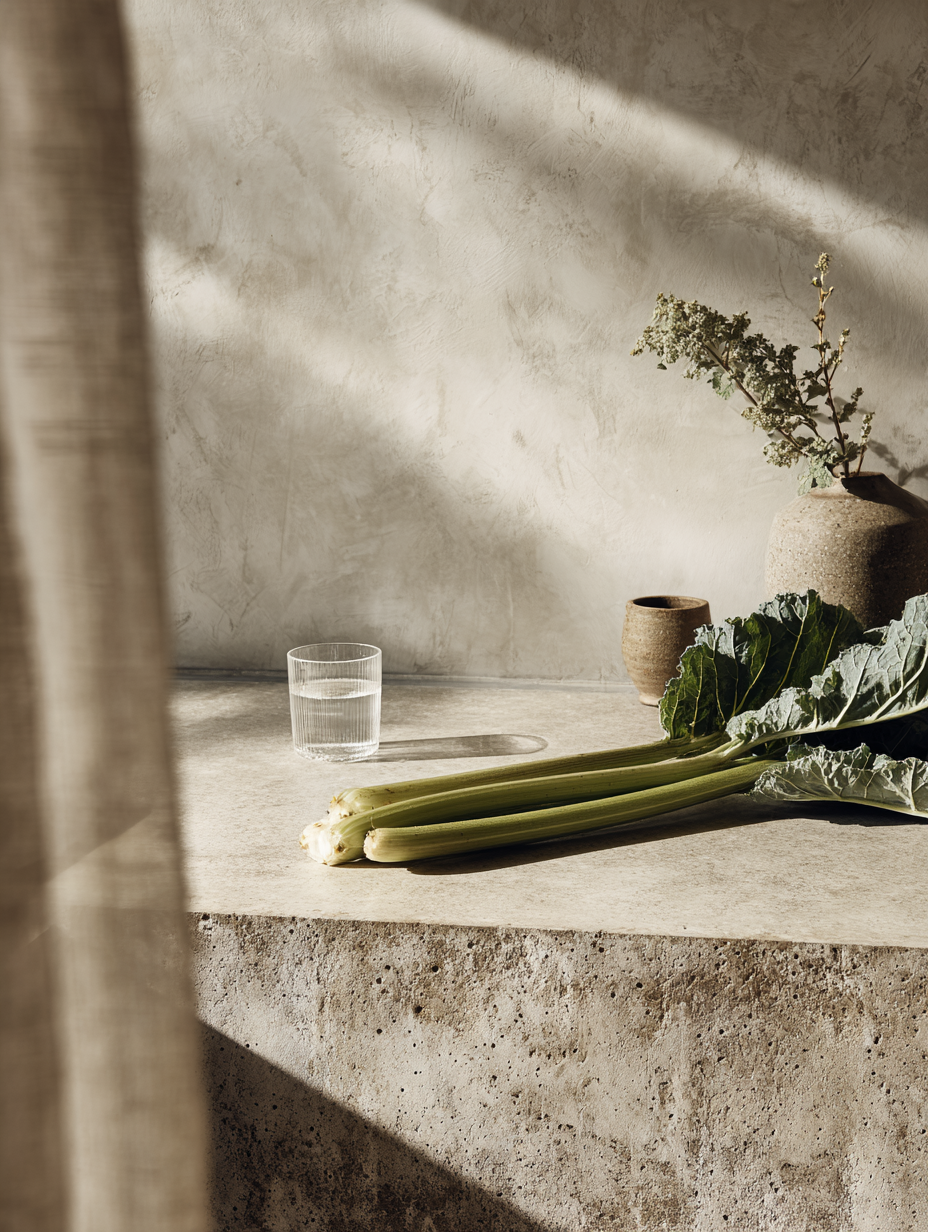 AI gestütztes Stillleben mit Rhabarber und Glas im natürlichen Tageslicht hinter Vorhang mit weicher Tiefenwirkung