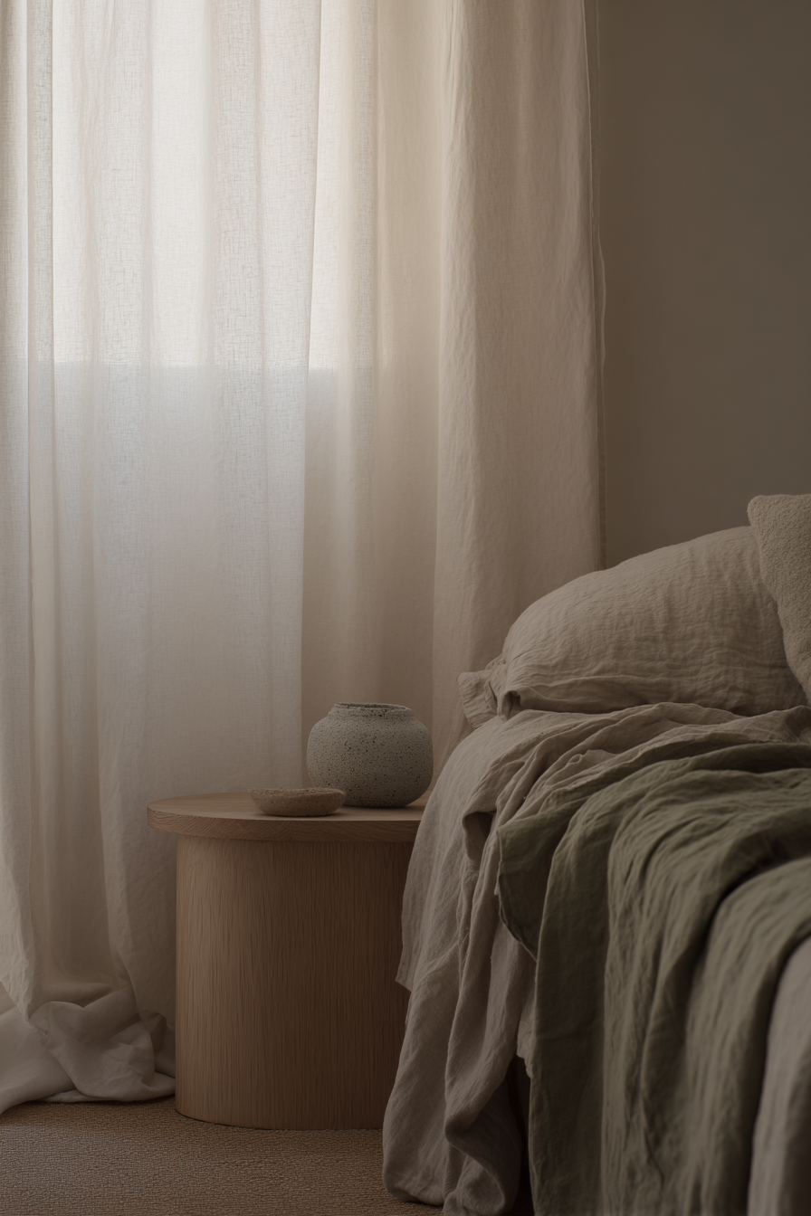 Skandinavisches Schlafzimmer mit Bett, Beistelltisch und Keramikobjekt im weichen Vorhanglicht